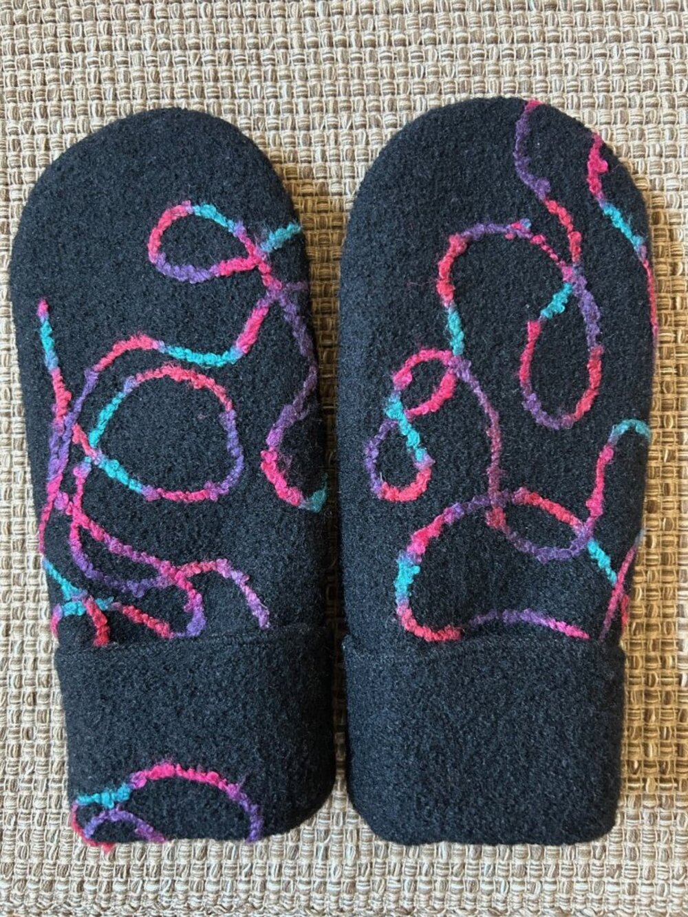 Felted Wool Mittens - Black with Colorful Design - Made from Repurposed Sweaters